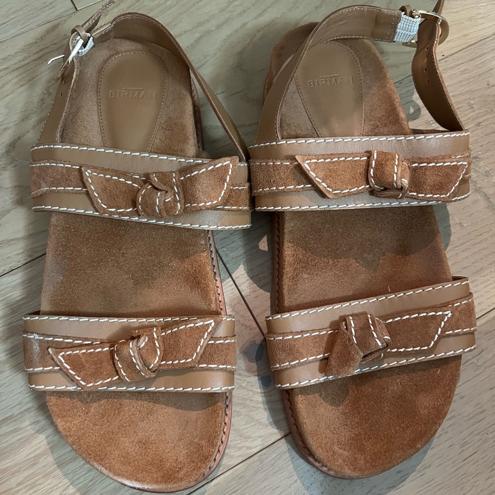 Alexandre Birman Tan Suede Sandals with White Stitching and Bows